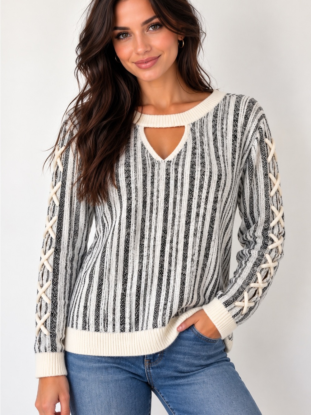 Rock & Republic Striped Knit Keyhole Sweater with Ladder Sleeve Detail Size Med